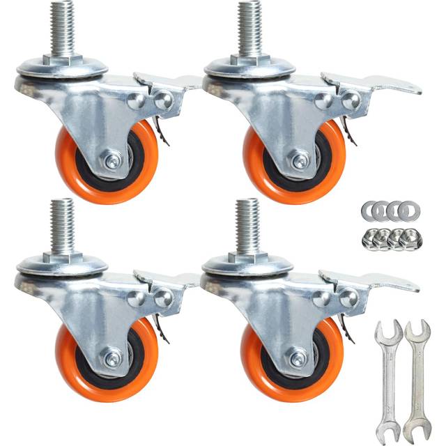 Heavy Duty Swivel Wheels  3 Inch Yellow PVC Casters with Metric Stem M12-1.75x25mm Double Brakes Castors Safety Wheels up to 1200 Lbs/Set for Industry