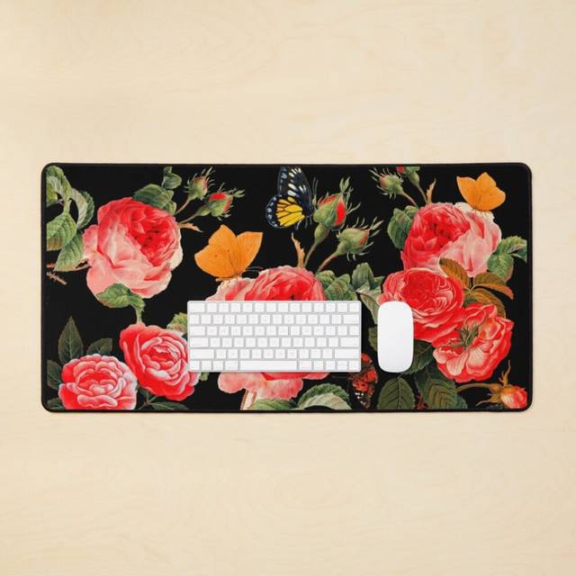 Desk Mat RED ROSES AND BUTTERFLIES IN BLACK Botanical Dark Floral Large Gaming Mouse Pad 35x16 inch