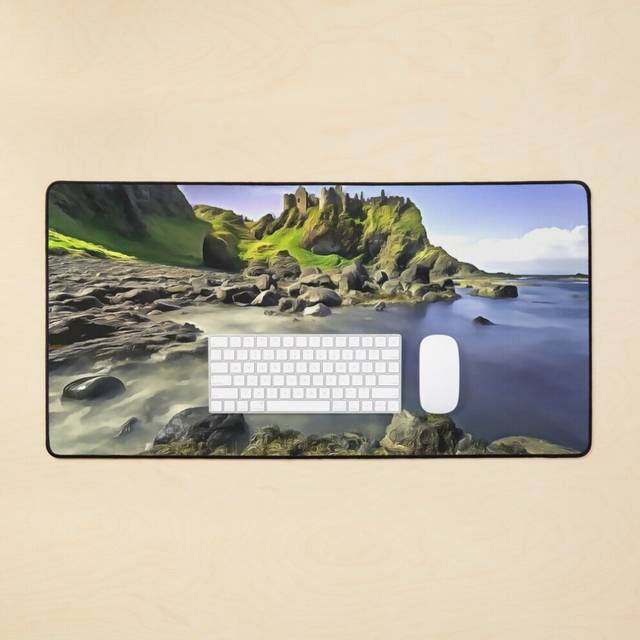 Desk Mat Dunluce Castle, Ireland. (Painting) Large Gaming Mouse Pad 35x16 inch