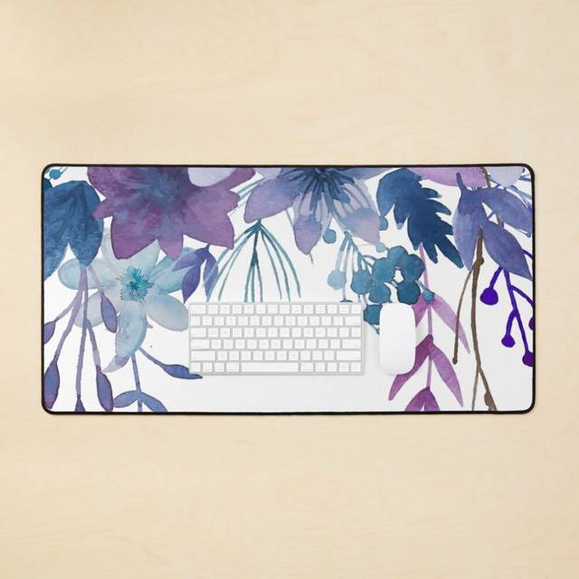 Desk Mat Blue Purple Flowers Large Gaming Mouse Pad 35x16 inch