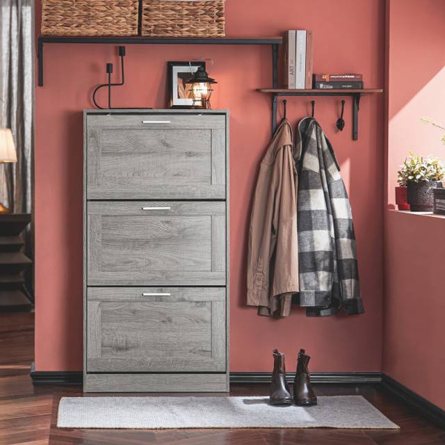 3 Flip Drawers Narrow Shoe Cabinet Vintage Grey,FSR137-L-HG - Sobuy