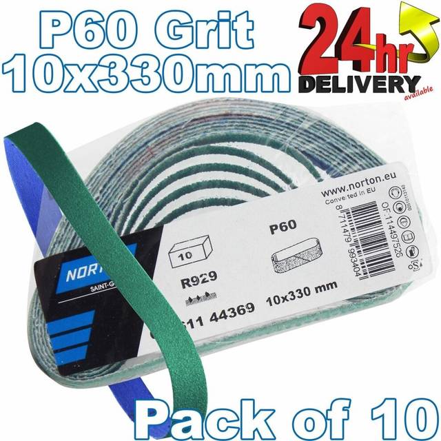 Norton R929 P60 Grit Sanding belt Paper File Fine Belts Sanders 10x330mm [x 10]