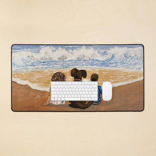 Desk Mat Oil painting of kids sitting with a dog on a beach on a fine sunny day Large Gaming Mouse Pad 35x16 inch