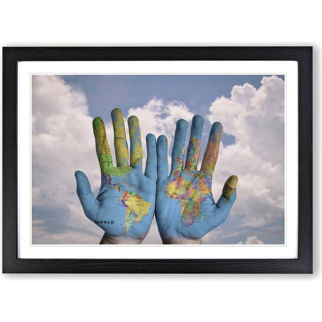 'Globe Hands World Map' Framed Photographic Print - Black (45cm H X 62cm W)