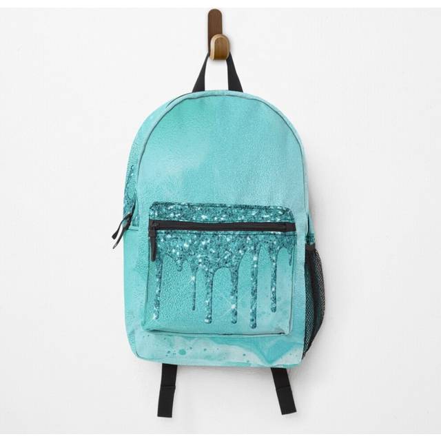 "Backpack Teal glitter droplets on teal  Faux metal foil School Bag Travel 15"""
