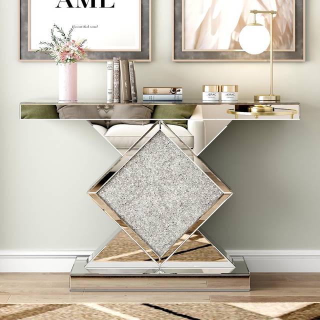 Andreja Mirrored Glass Console Table with Crushed Diamond Inlay - Silver;Clear (80cm H X 120cm W X 35cm D)