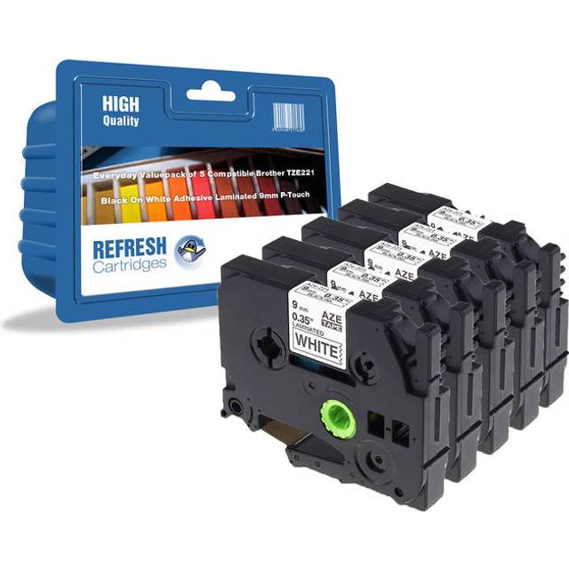 Everyday Valuepack of 5 Compatible Brother TZe-221 Black On White Laminated 9mm P-Touch Labelling Tapes