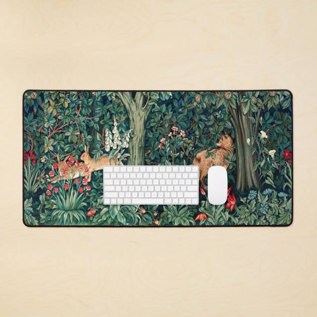 Desk Mat GREENERY, FOREST ANIMALS Fox and Hares Blue Green Floral Tapestry Large Gaming Mouse Pad 35x16 inch