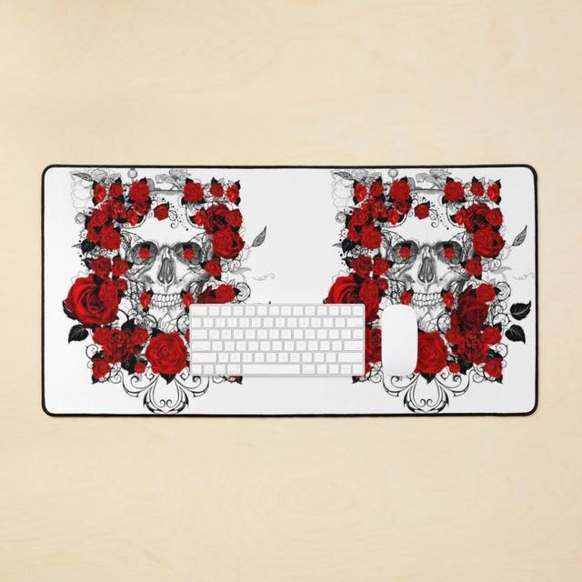 Desk Mat Skull with red roses tattoo Large Gaming Mouse Pad 35x16 inch