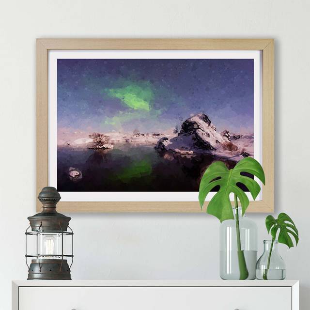 &#39;Northern Lights Aurora Borealis in Abstract&#39; - Picture Frame Painting Print on Paper - Oak (45cm H x 63cm W x 2cm D)
