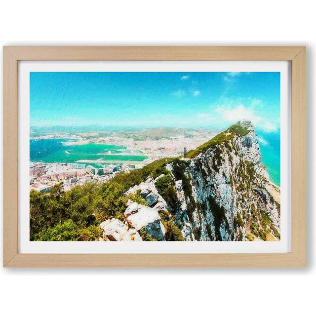 'Rock of Gibraltar Skyline' - Picture Frame Painting Print on Paper - Oak (45cm H x 63cm W x 2cm D)