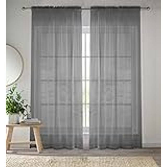 Grey sheer plain curtain voile panel woven slot top pair (57x72") 145x183cm