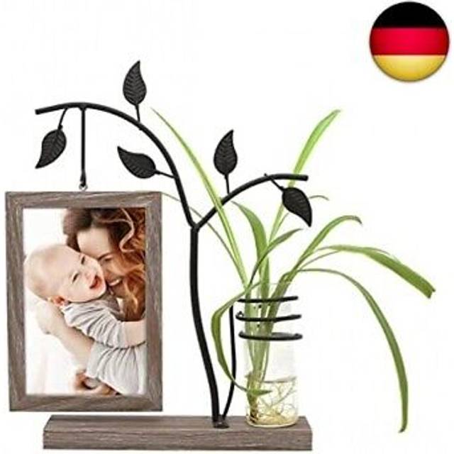 Afuly Family Photo Frame 6x4 Rustic Wooden Picture Frames Double Sided Glass with Decorative Bud Vase and Metal Tree Unique Gifts