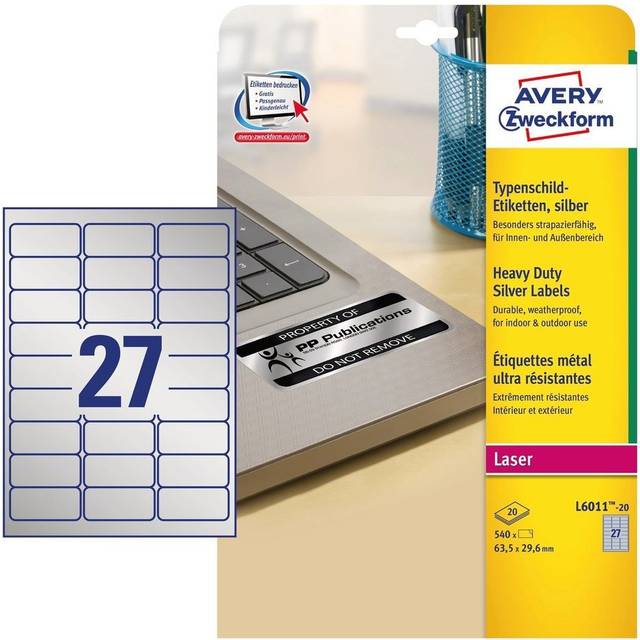 Avery L6011-20 ( 63.5 x 29.6mm) Extra-Strong Adhesive Silver Heavy Duty Labels, 27 Labels Per A4 Sheet