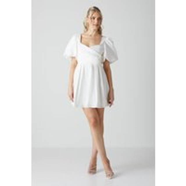 Womens Puff Sleeve Full Skirted Mini Dress With Tie Back - White - 16