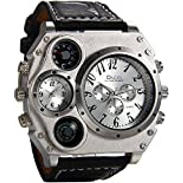 Avaner Mens Big Face Military Wrist Watch Analog Quartz Unique Cool Sport Watch PU Leather Strap Two Time Zone Display with Decorative Compass