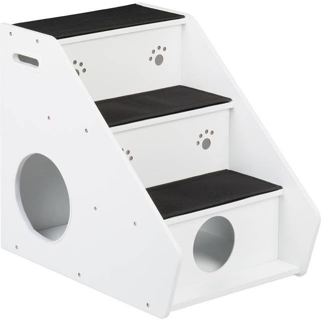 Dog Staircase 3 Steps, Dogs & Cats, hwd: 52.5 x 42 x 60 cm, Pet Step Carpet, Climb on Bed & Couch, White/Black - Relaxdays