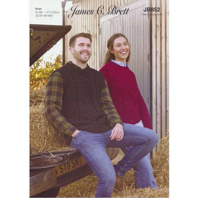 James Brett JB852 Aran Knitting Pattern Ladies Sweater & Mens Slipover