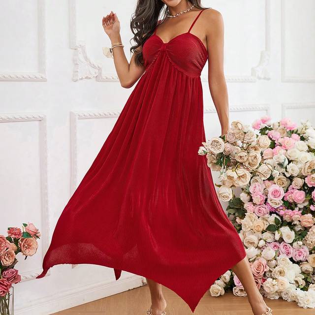 SHEIN Women Romantic Valentine&#39;s Day Long Red Spaghetti Strap Pleated Dress With Asymmetric Hemline, Suitable For Parties And Dates