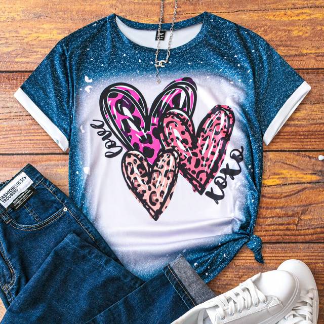 Plus Storlek Kvinnors Love Hjärta & Leopardtryck Kort Ärm T-shirts - Blå (US22,US24/26,US28/30,US32/34)
