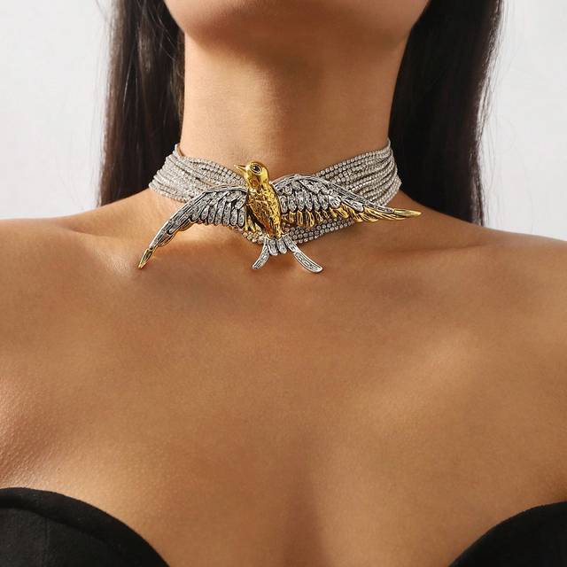 SHEIN European Fashion Exaggerated, Multi-Layered, Full Diamond Encrusted Flying Bird & Swallow Necklace For Women With Unique Vintage Charm