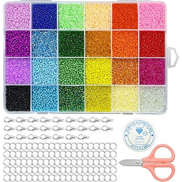 24000pcs Glass Seed Beads, Small Pony Beads Assorted Kit Opaque Colors Seed Beads with Scissors Lobster Clasps String Cord for Jewelry Making DIY