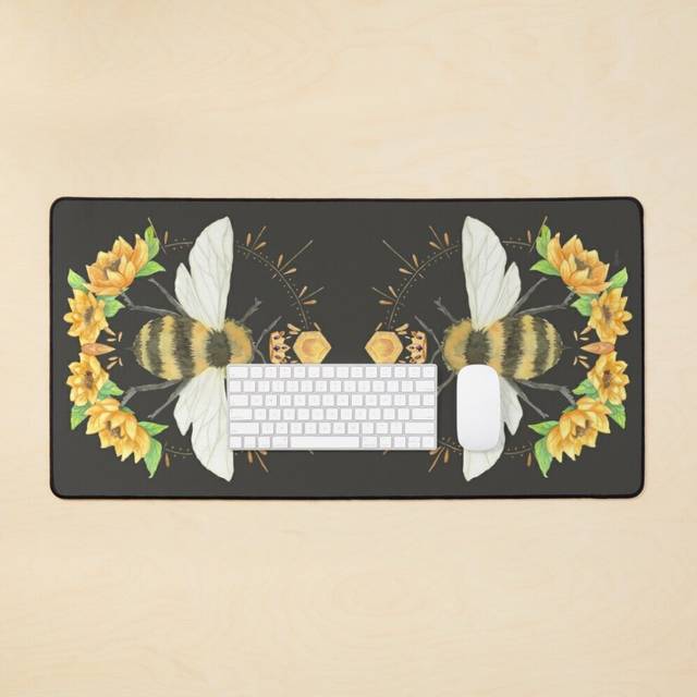 Desk Mat Daytime Bumble Bee with Sunflowers on Charcoal Large Gaming Mouse Pad 35x16 inch