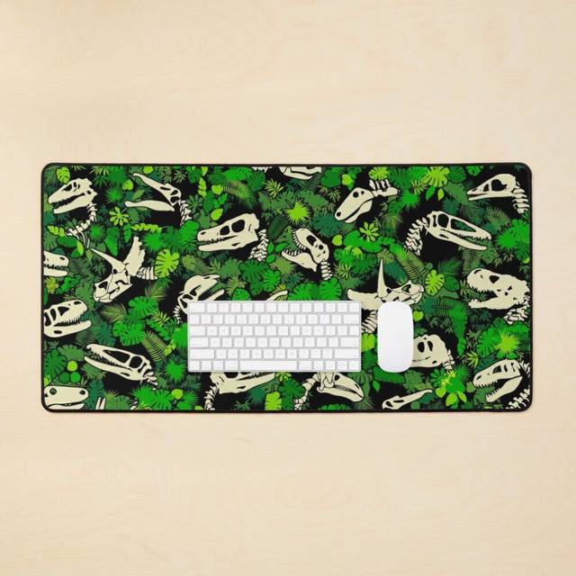 Desk Mat Paleontology Dinosaur Lover Fossil Dino Skull Jungle Pattern Large Gaming Mouse Pad 35x16 inch