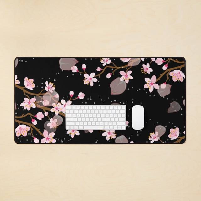 Desk Mat White and Pink Japanese Cherry Blossom Floral Seamless Repetition pattern on Black  Large Gaming Mouse Pad 35x16 inch