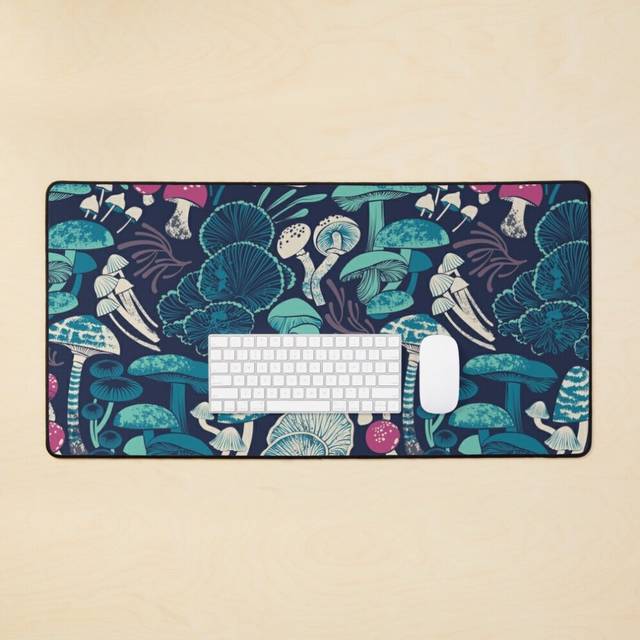 Desk Mat Mystical fungi midnight blue mint teal and dark pink wild mushrooms Large Gaming Mouse Pad 35x16 inch