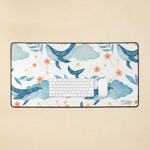 Desk Mat Flower, Stars and Whales, Lofi Aesthetic, Whale Decor, Pastel, Desk pad Large Gaming Mouse Pad 35x16 inch