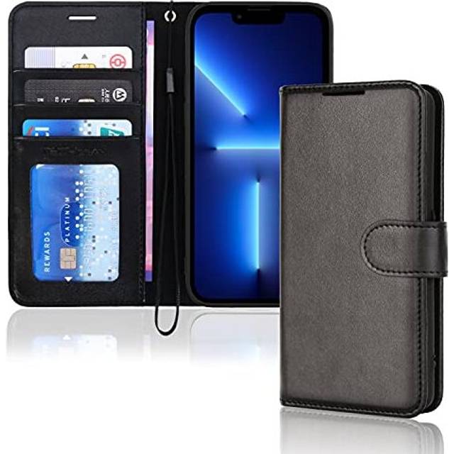 (Black) iPhone 13 Pro Leather Wallet Case, Flip Protective Case Cover with Wallet Card Holder, Stand and Wrist Strap - PU Leather with Magnetic Closur