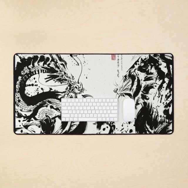 Desk Mat Tiger and Dragon Vintage Ink Large Gaming Mouse Pad 35x16 inch
