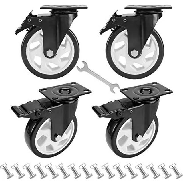 "5"""""""" Caster Wheels Set of 4  Heavy Duty Dual No Noise Locking Swivel Plate Castors with Brake for Furniture and Workbench (Free Screws and a Spanner)"