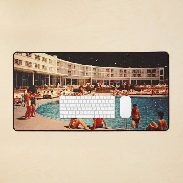 Desk Mat Lunar Pool Life - Retro-Futuristic Holiday Resort, Science Fiction Collage  Large Gaming Mouse Pad 35x16 inch