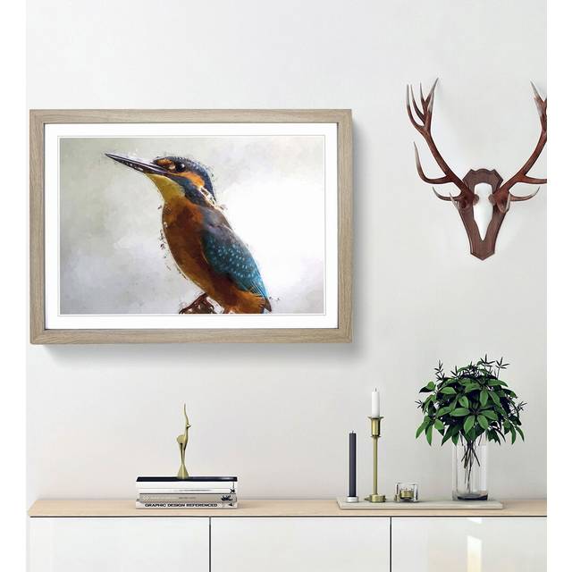 Graceful Kingfisher Bird in Abstract - Picture Frame Painting Print - Oak Framed (48cm H x 65cm W x 2cm D)