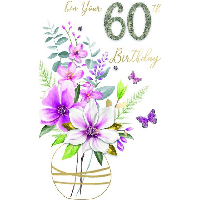 Female 60th Birthday Card Embellished Vase Of Flowers Champagne Greeting Card
