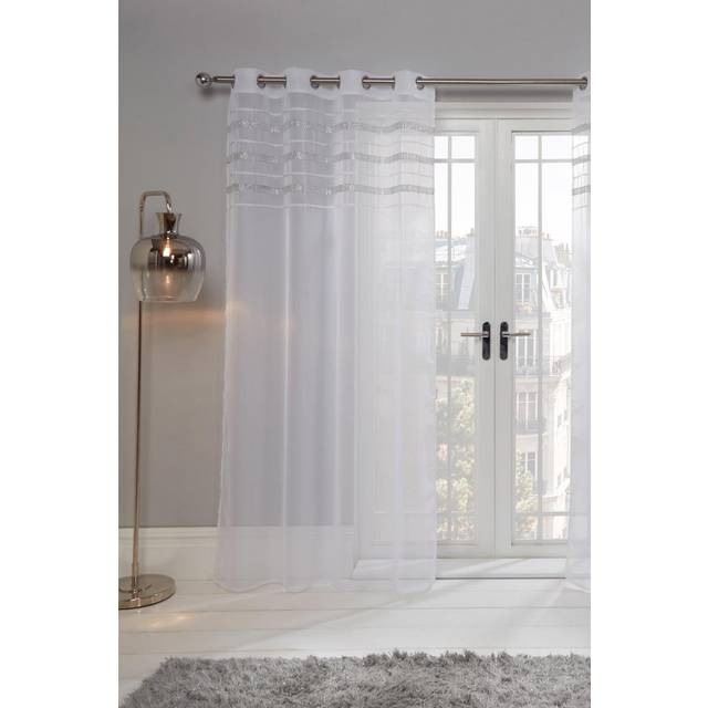 Sienna Pair of Diamante Voile Net Curtain Eyelet Top - White