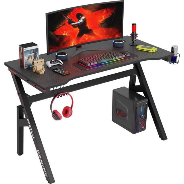 PayLessHere 47 Inch Gaming Desk PC Carbon Fiber Table Ultimate Gamer Workstation with Cup Holder & Headphone Hook for Home Office,Red
