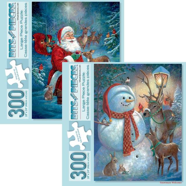 Bits and Pieces - Set of Two (2) 300 Piece Jigsaw Puzzles for Adults - Snowman Welcome  Santa's Woodland Friends - 300 pc Christmas Santa Winter Holid