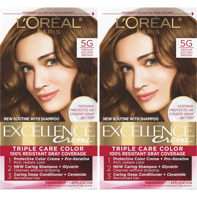 L'Oreal Paris Excellence Creme Permanent Hair Color  5G Medium Golden Brown  100 percent Gray Coverage Hair Dye  Pack of 2