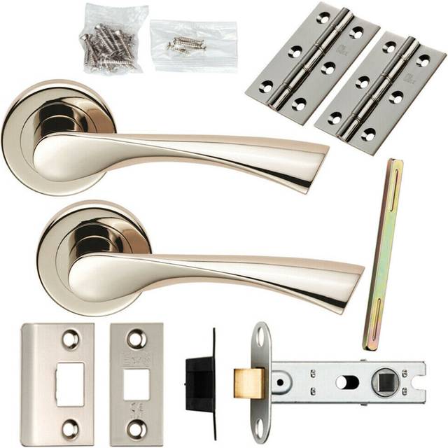 Door Handle & Latch Pack Polished Nickel Angular Lever Screwless Round Rose