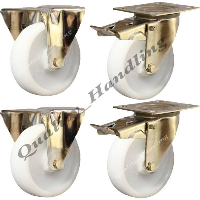 160mm stainless steel nylon fixed & braked castors, 350kg - set of 4.