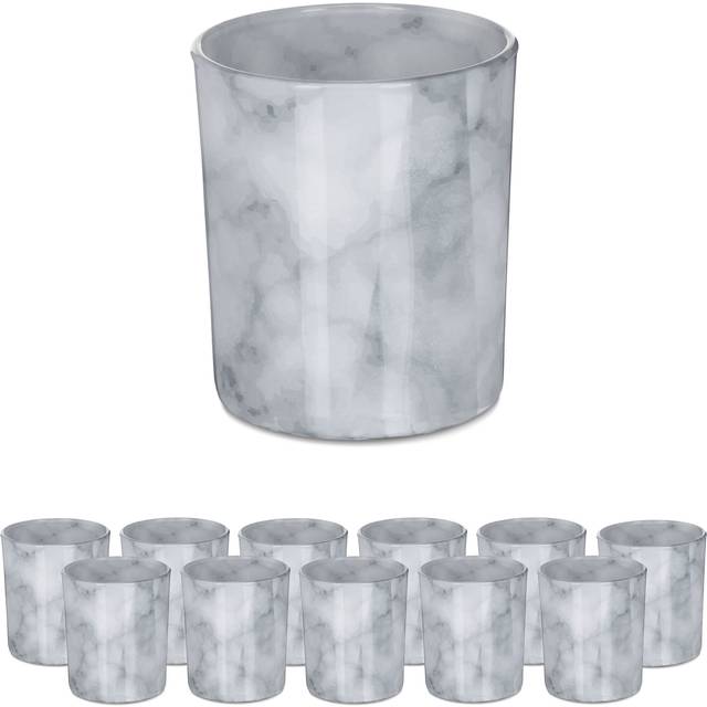 Tealight Holders, Set of 12, Marble Look, Votive Candle Glasses, h x Diam.: 8.5 x 7 cm, Home & Garden, Grey - Relaxdays