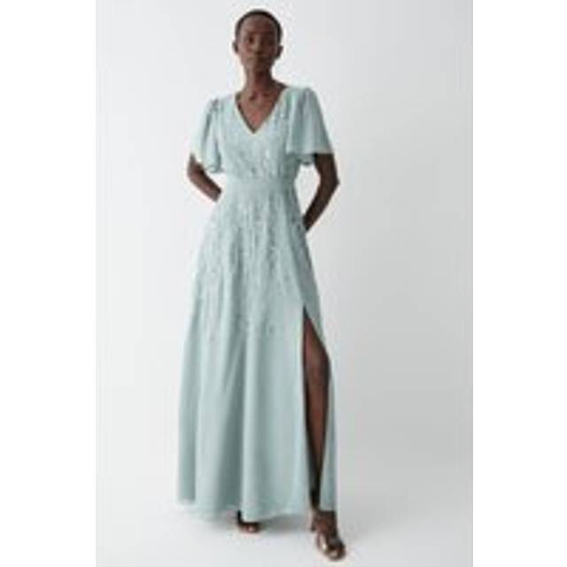 Premium Floral Embroidered Bridesmaid Maxi Dress - Sage - 10