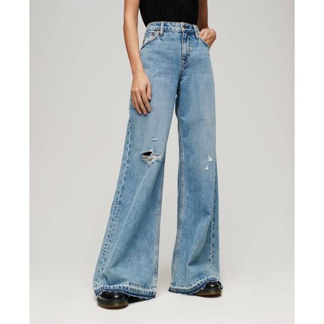 Superdry Raw Hem Wide Leg Flare Jeans - Blue, Blue, Size 26, Inside Leg 30, Women -  inside leg 30,26