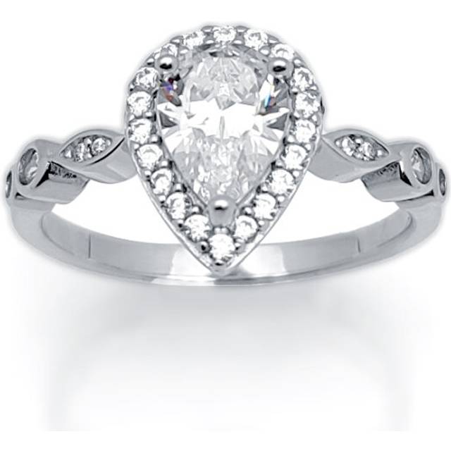 (O) Jewelco London Ladies Rhodium Plated Sterling Silver Round & Pear CZ Shoulder-set Halo Solitaire Engagement Ring - ARN134