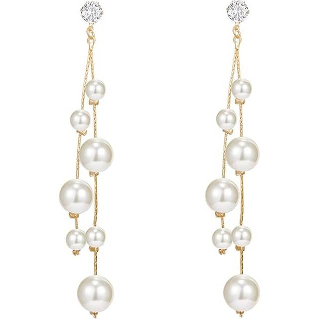 Women 925 Sterling Silver needle Simulated Shell Pearl Earrings White Pearl Dangle Earrings Hypoallergenic Drop Pearl Earrings Dangle