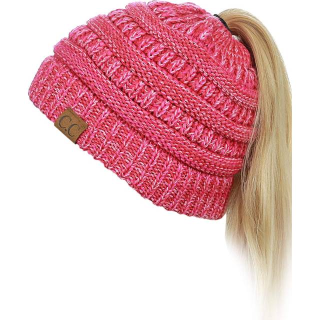 C.C BeanieTail Soft Stretch Cable Knit Messy High Bun Ponytail Beanie Hat  3 Tone Coral