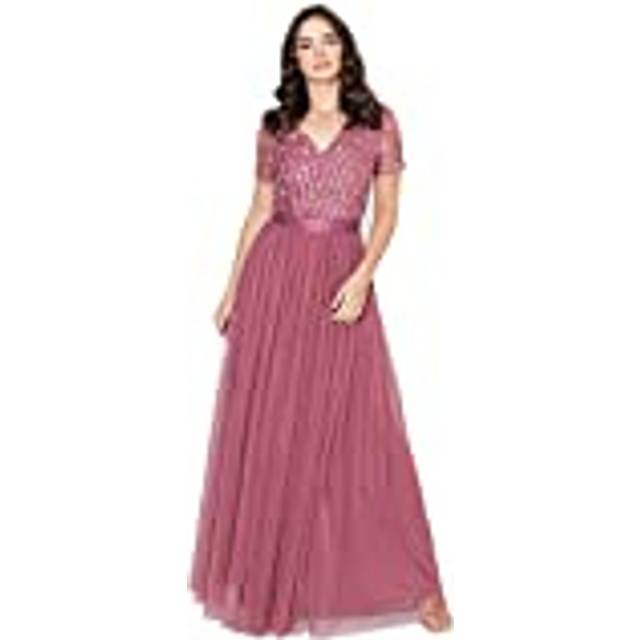 Belted Stripe Embellished Maxi Dress - Rose - 20